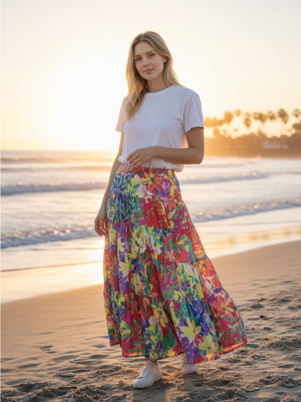 Ralph Lauren Vintage Crinkle 100% Cotton Fully Lined Multicolor MidiSkirt Size L